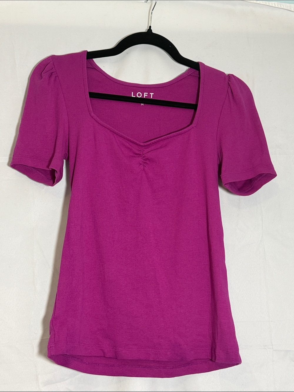 LOFT Magenta Square-Neck Short Sleeve Top